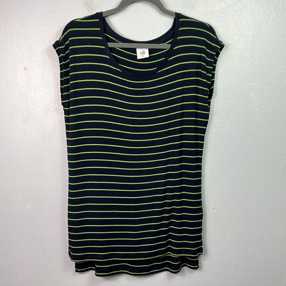 Cabi Ibiza Navy and Green Stripe Cap Sleeve Jersey Top XS